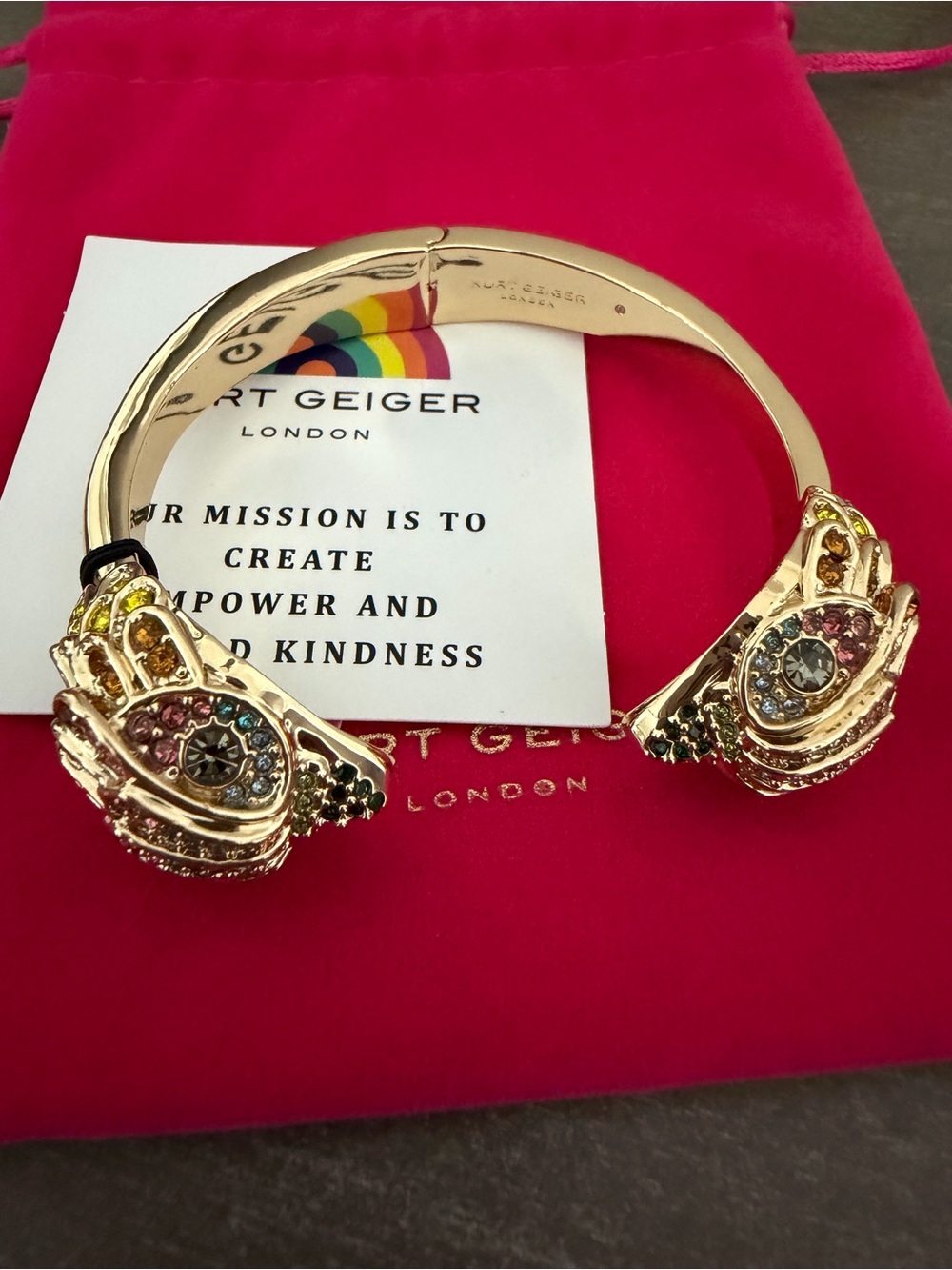 Kurt Geiger London Gold Crystal Rainbow Signature Eagle Hinged Cuff Bracelet NWT